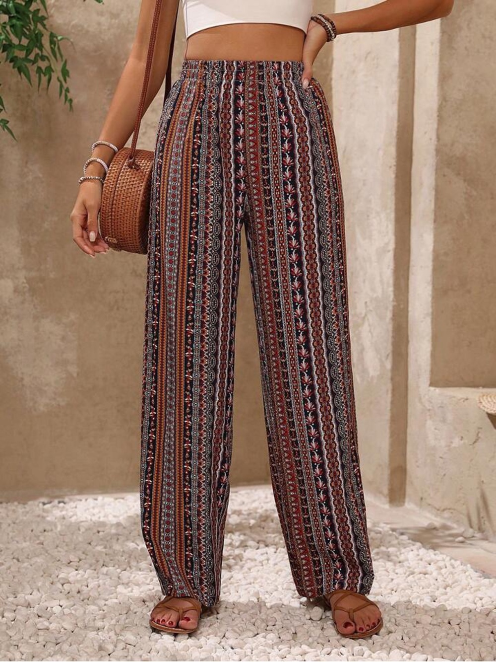 Elastic-Waist Wide-Leg Pants in Brown Multi Stripe